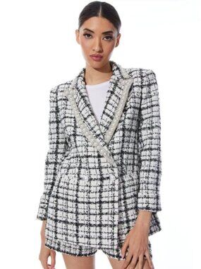Alice + Olivia Justin Black Off White Tweed Embellished Blazer 2